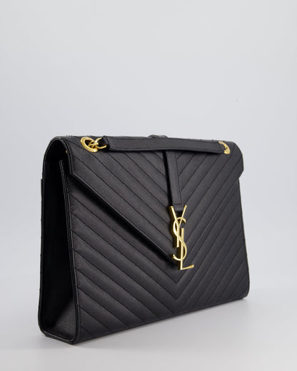Saint Laurent Black Envelope Shoulder Bag in Grained Calfskin Leather With Gold Hardware