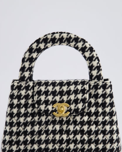 *HOT* Chanel Small Kelly Shopping Bag in Black & White Wool Houndstooth with Brushed Antique Gold Hardware
