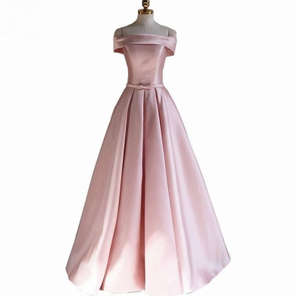 Modest Pink Satin Off The Shoulder Long Bridesmaid Dress Prom Dresses P2414