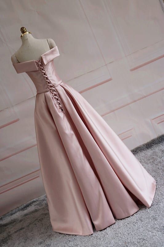 Modest Pink Satin Off The Shoulder Long Bridesmaid Dress Prom Dresses P2414