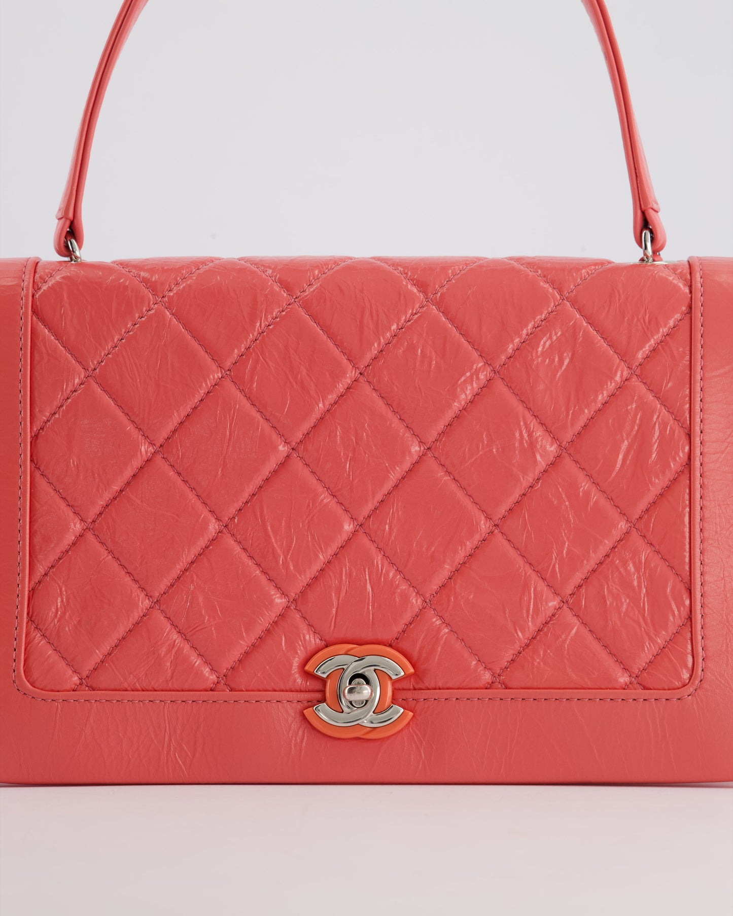 Chanel Pink Patent Crinkled Calfskin Leather Flap Bag with Enamel CC Logo and Silver Hardware