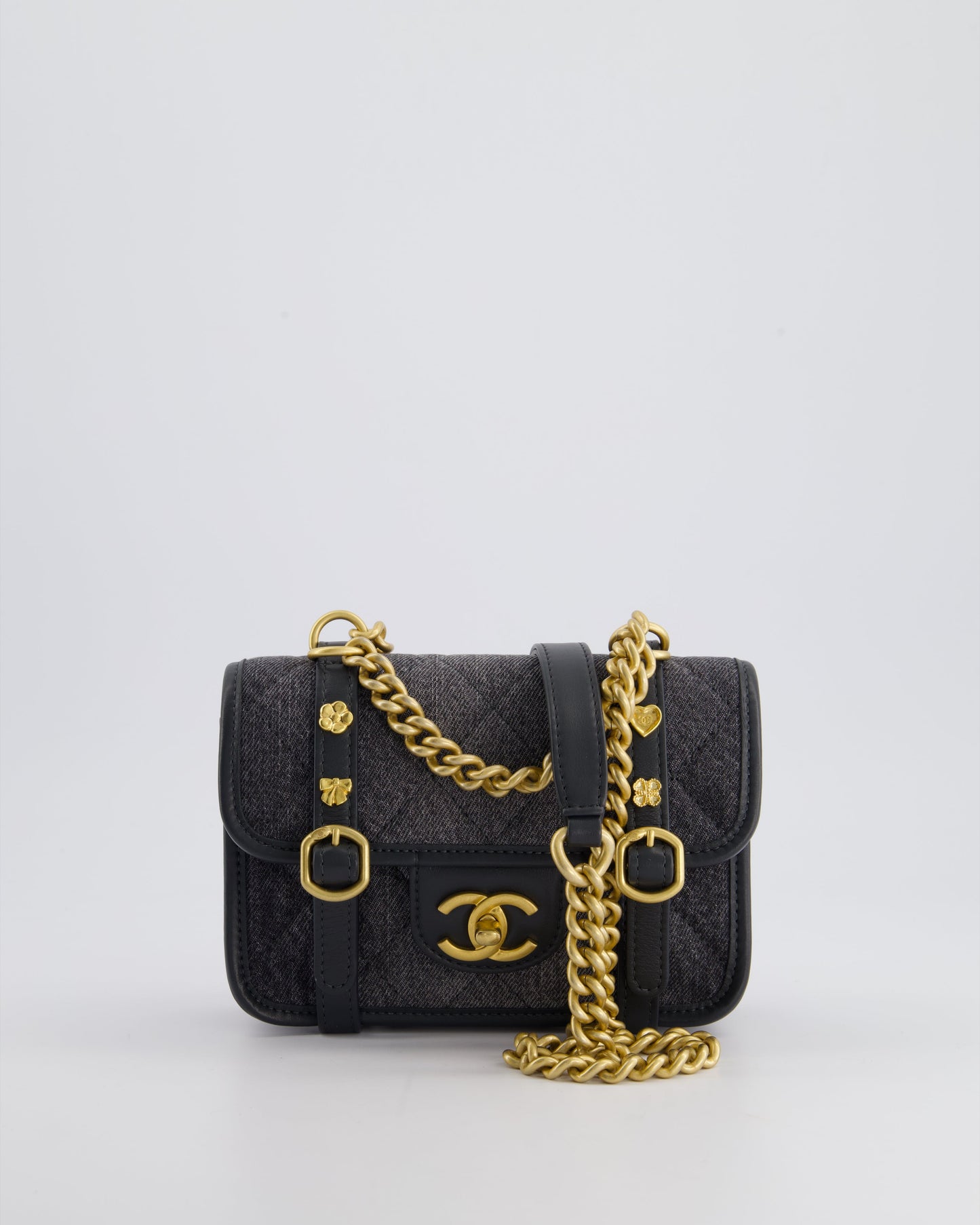 Chanel Grey Mini Denim Flap Bag with Brushed Gold Hardware and Charm Detail