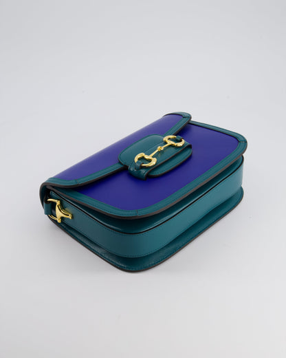 Gucci Horsebit 1955 Small Shoulder Bag in Blue and Green with Gold Hardware RRP £2,650