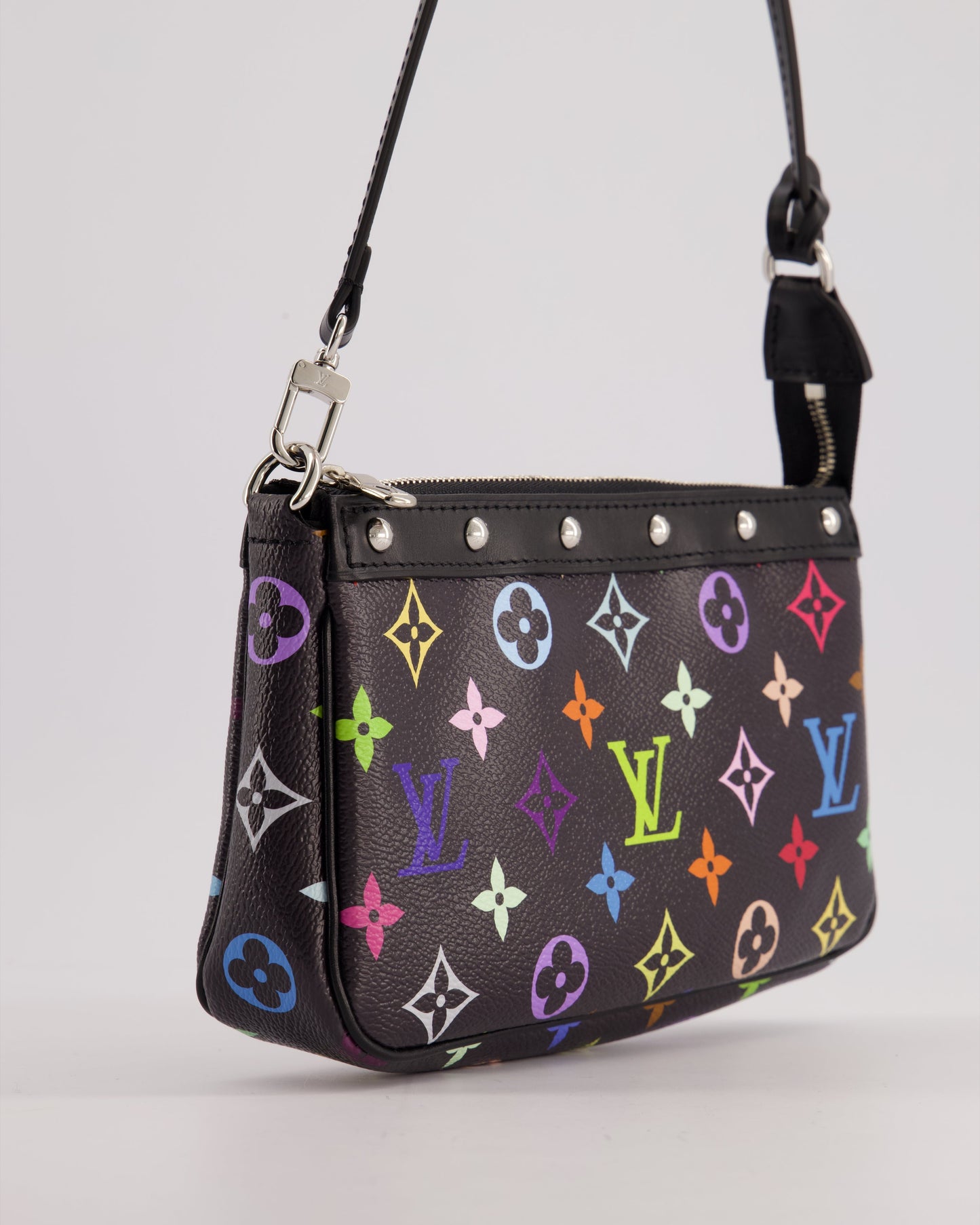 *NEW* Louis Vuitton X Takashi Murakami Black Pochette Accessories Bag in Coated Canvas & Calfskin Leather with Silver Hardware