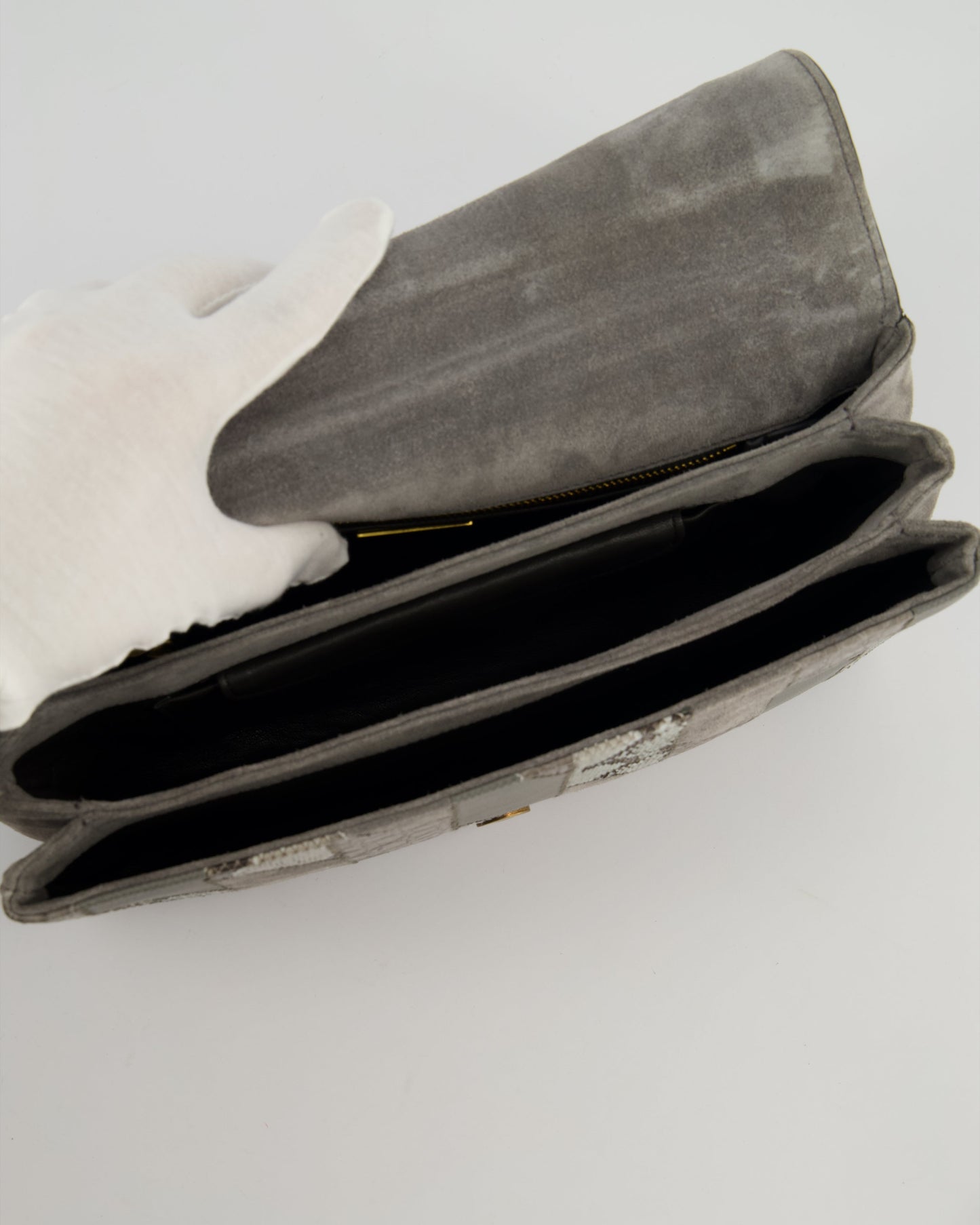 Prada Grey Suede, Python Patchwork Bag with Gold Chain