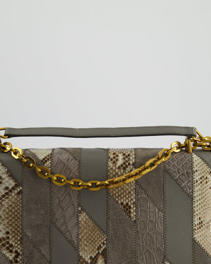 Prada Grey Suede, Python Patchwork Bag with Gold Chain