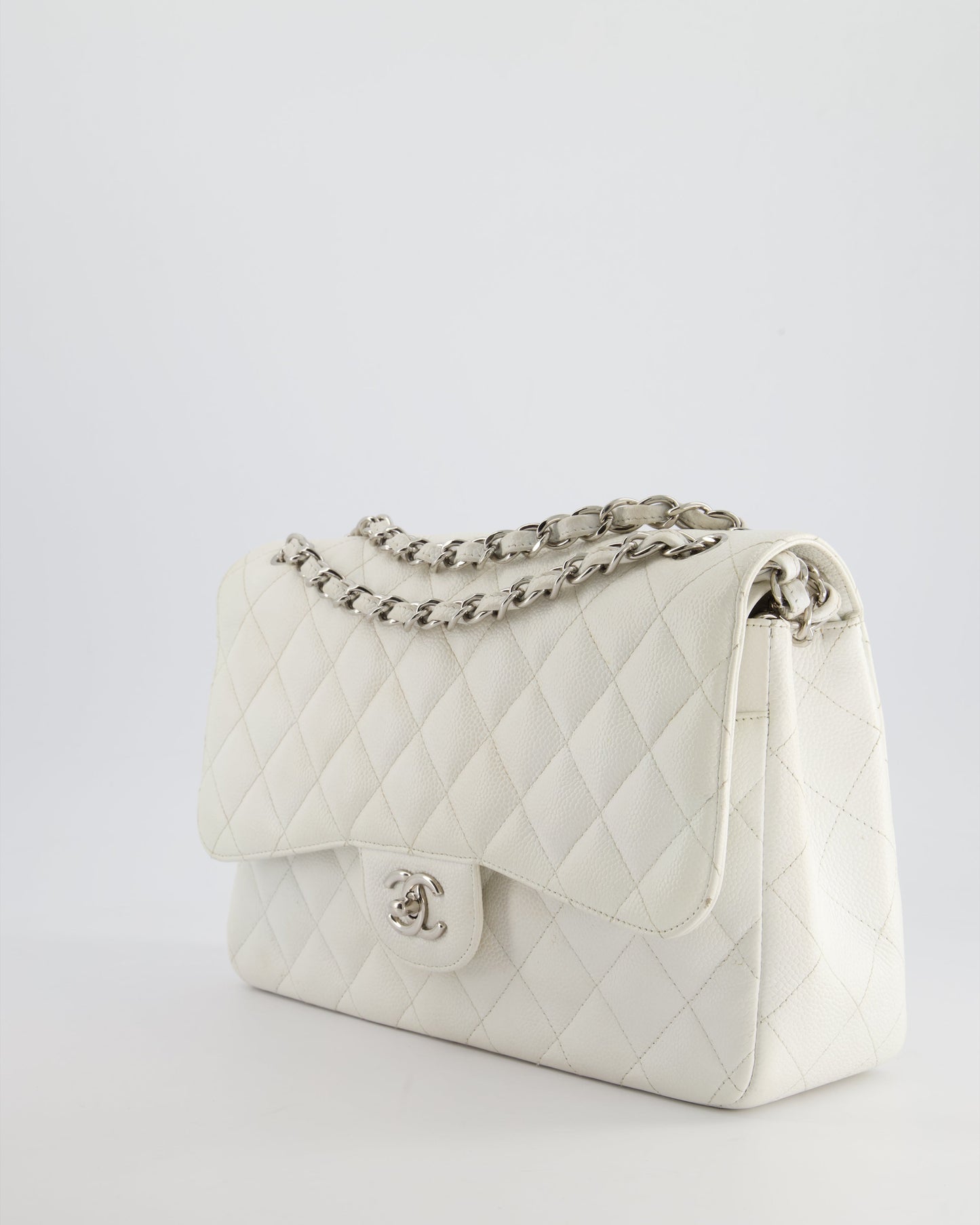 Chanel White Jumbo Classic Double Flap Bag in Caviar Leather with Silver Hardware