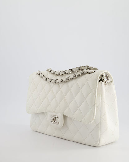 Chanel White Jumbo Classic Double Flap Bag in Caviar Leather with Silver Hardware