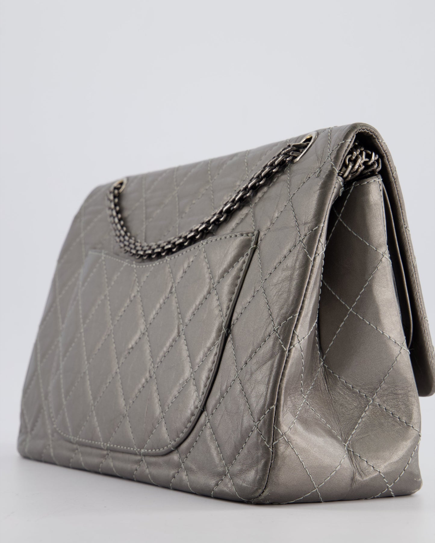 Chanel 2.55 Jumbo Reissue Bag in Metallic Grey Crumpled Calfskin Leather With Gunmetal Hardware