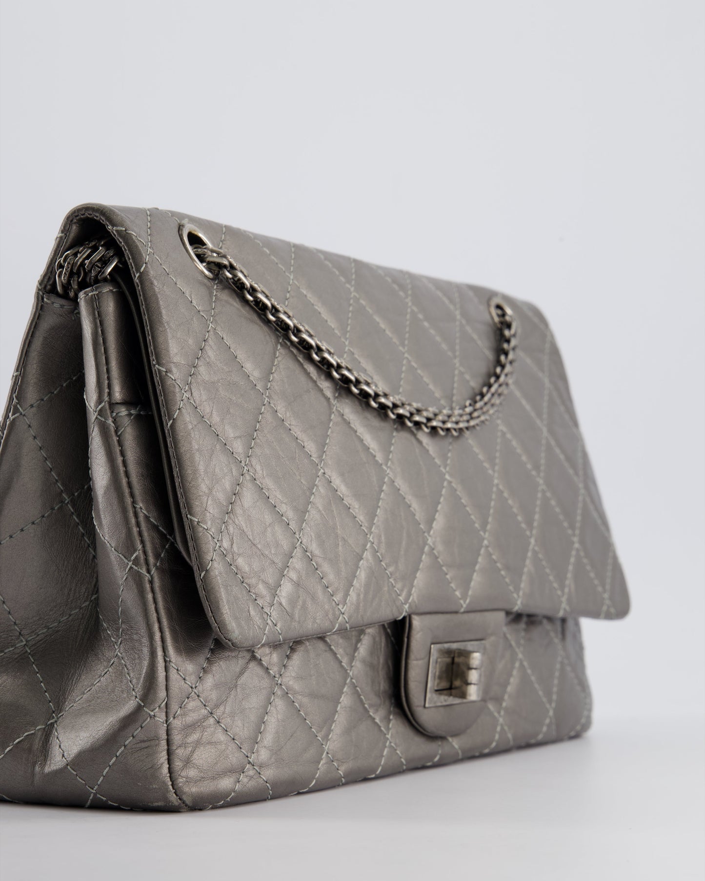 Chanel 2.55 Jumbo Reissue Bag in Metallic Grey Crumpled Calfskin Leather With Gunmetal Hardware