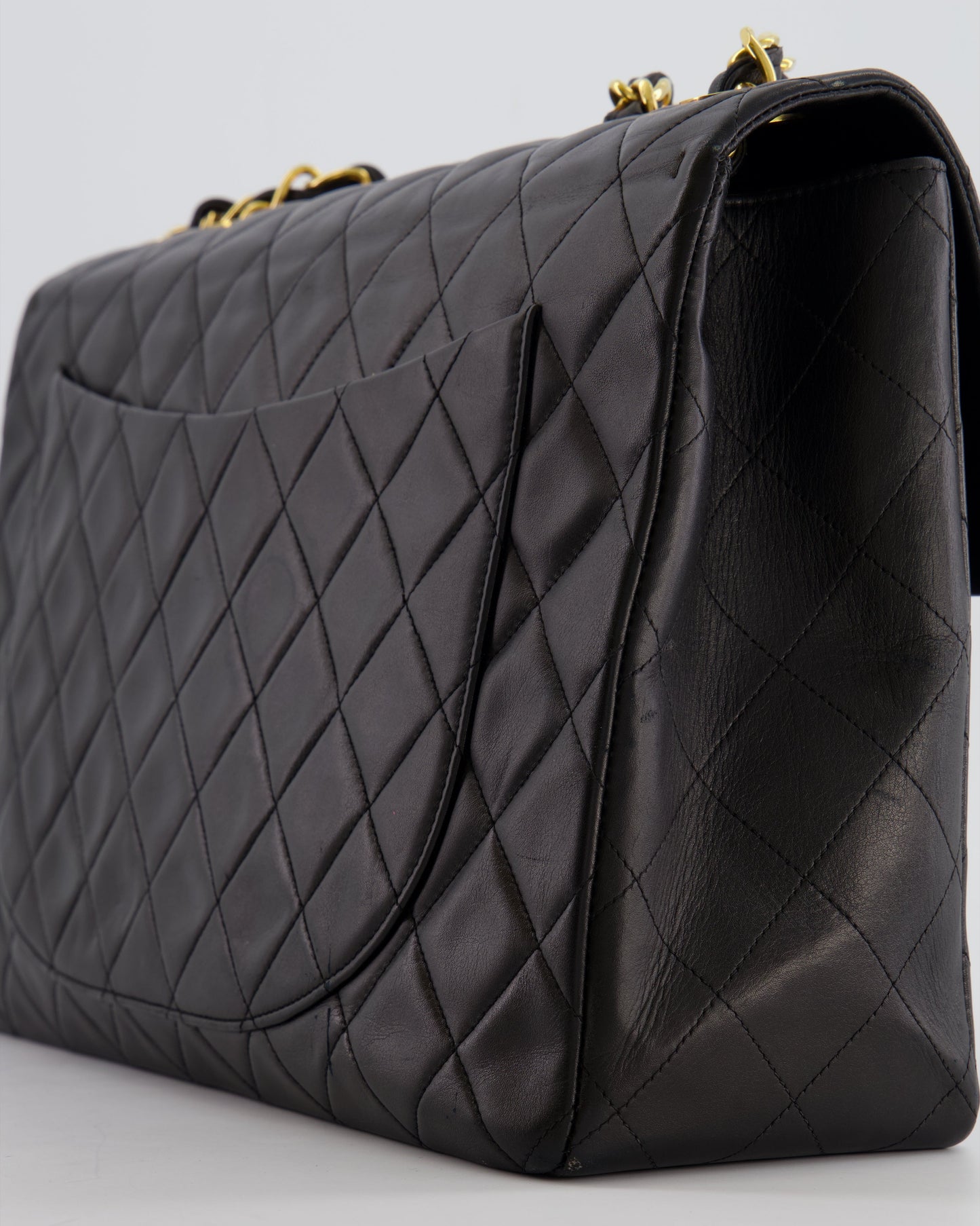 Chanel Vintage Black XL Jumbo Single Classic Flap Bag in Lambskin Leather with 24K Gold Hardware