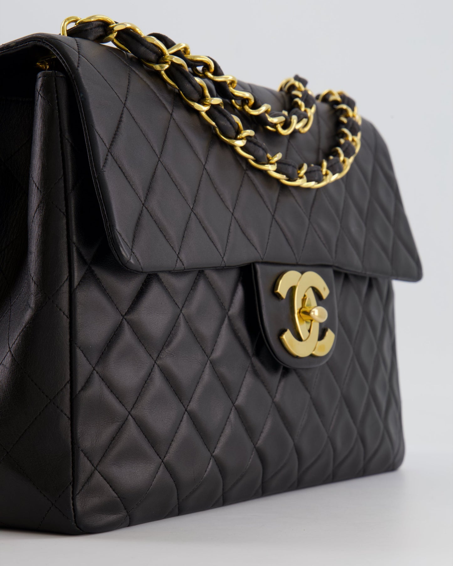 Chanel Vintage Black XL Jumbo Single Classic Flap Bag in Lambskin Leather with 24K Gold Hardware