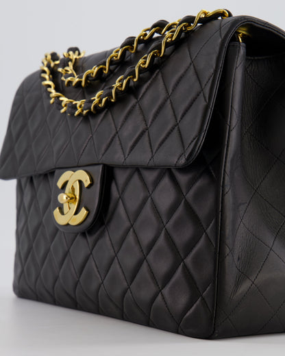 Chanel Vintage Black XL Jumbo Single Classic Flap Bag in Lambskin Leather with 24K Gold Hardware
