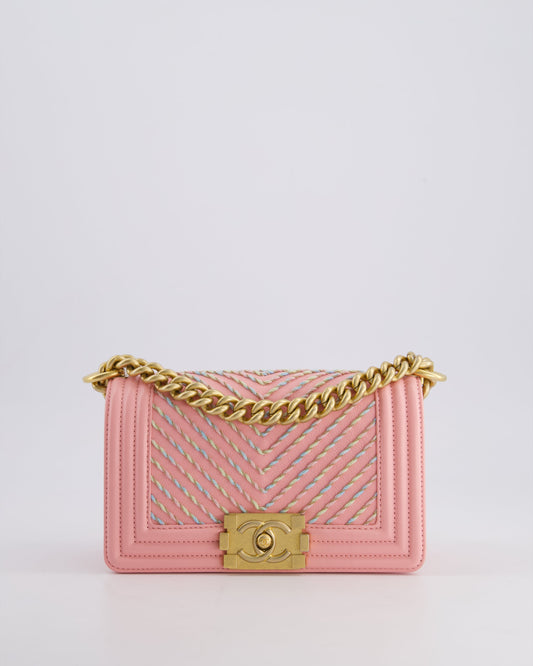 Chanel Pink Small Boy Bag in Lambskin Leather with Pastel Chevron Detail and Brushed Gold Hardware