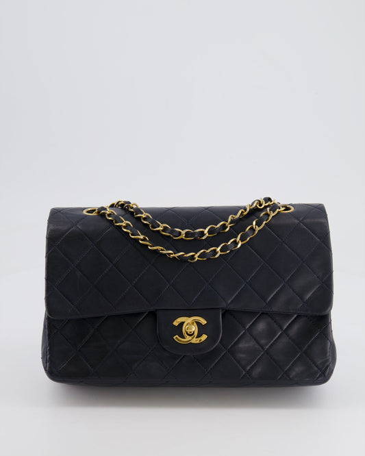Chanel Vintage Navy Medium Classic Double Flap Bag in Lambskin Leather with 24K Gold Hardware