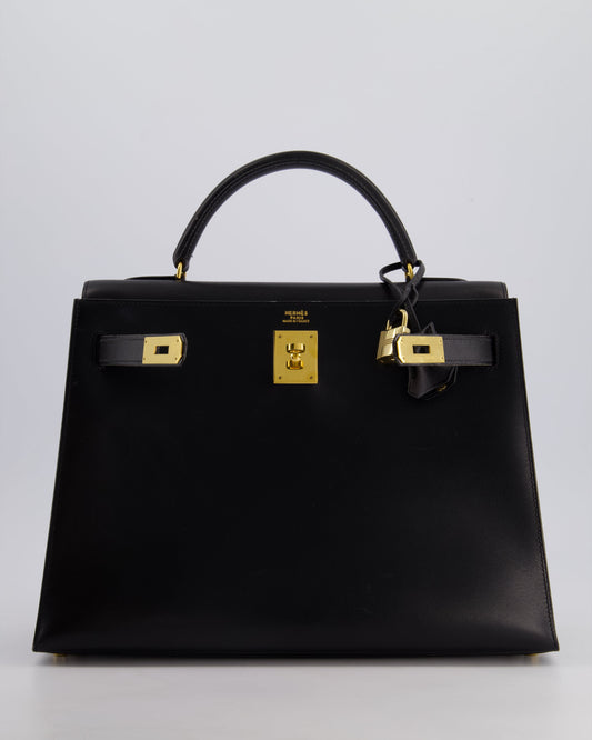 Hermès Vintage Kelly 32cm Sellier Bag in Noir Box Calf Leather with Gold Hardware