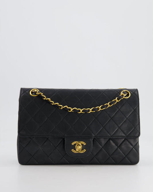 Chanel Vintage Black Classic Medium Stitched Edge Double Flap Bag in Lambskin Leather with 24K Gold Hardware