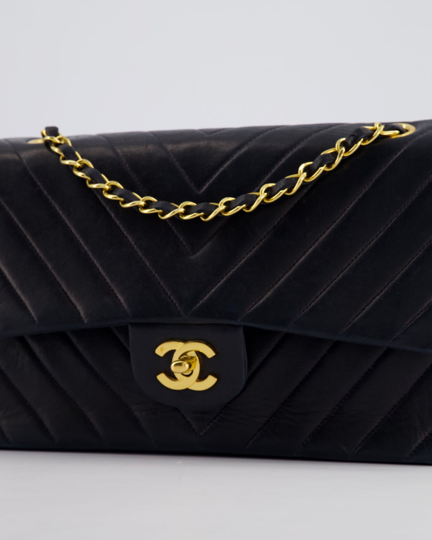 Chanel Navy Vintage Classic Medium Chevron Double Flap Bag in Lambskin Leather with 24K Gold Hardware