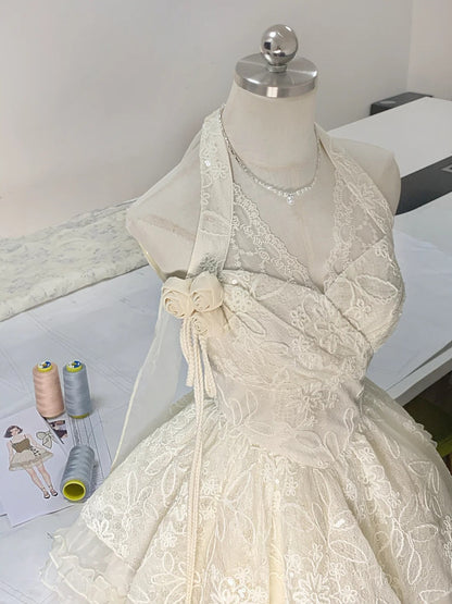 Halter neck V-neck lace sleeveless multi-layered skirt fungus lace homecoming dress P3171