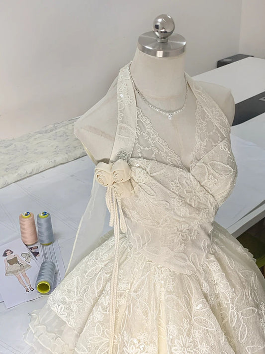 Halter neck V-neck lace sleeveless multi-layered skirt fungus lace homecoming dress P3171