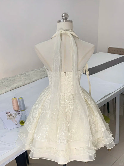 Halter neck V-neck lace sleeveless multi-layered skirt fungus lace homecoming dress P3171