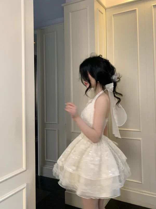 Halter neck V-neck lace sleeveless multi-layered skirt fungus lace homecoming dress P3171