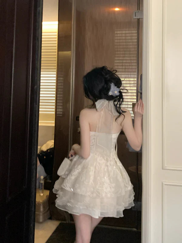 Halter neck V-neck lace sleeveless multi-layered skirt fungus lace homecoming dress P3171