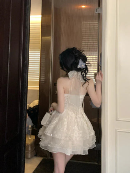 Halter neck V-neck lace sleeveless multi-layered skirt fungus lace homecoming dress P3171