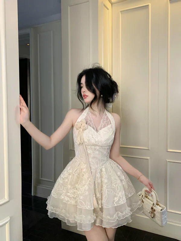 Halter neck V-neck lace sleeveless multi-layered skirt fungus lace homecoming dress P3171