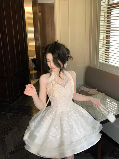 Halter neck V-neck lace sleeveless multi-layered skirt fungus lace homecoming dress P3171