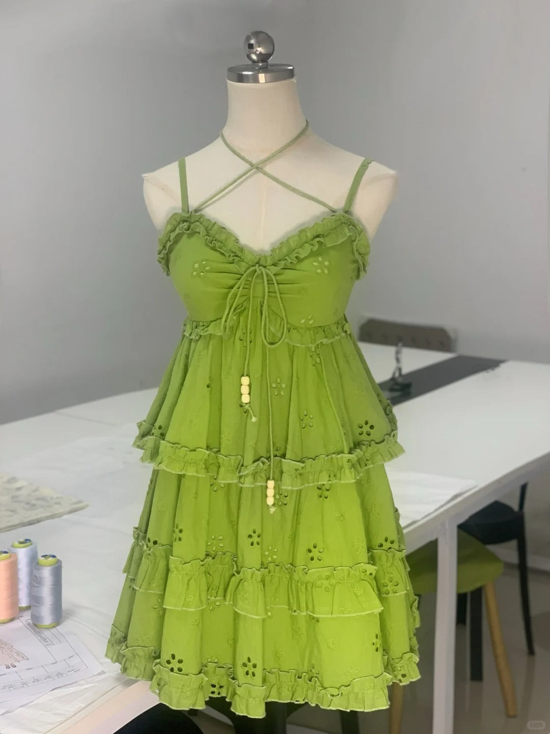 Fresh Green Floral Embroidery Smocked Lace Homecoming Dress P3174