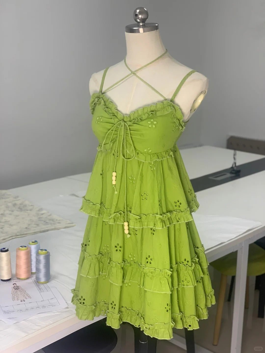 Fresh Green Floral Embroidery Smocked Lace Homecoming Dress P3174