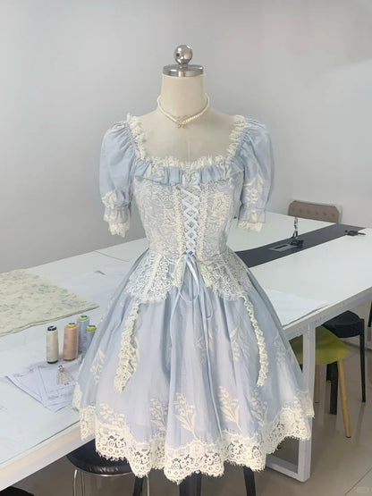Princess light blue square neck short sleeves lace homecoming dress P3176