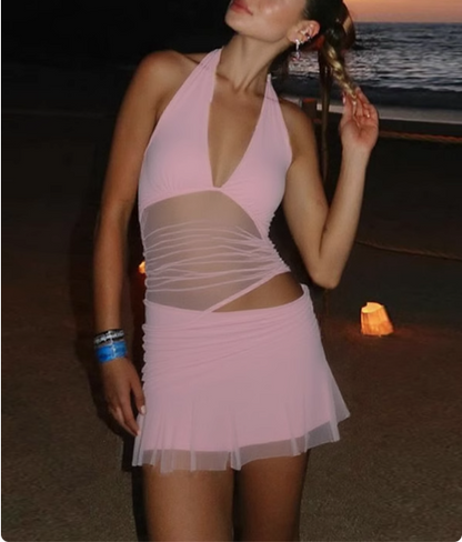 Sexy hot girl hollow mesh splicing deep V-neck strap halter neck backless homecoming dress P3241