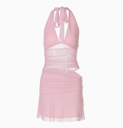 Sexy hot girl hollow mesh splicing deep V-neck strap halter neck backless homecoming dress P3241