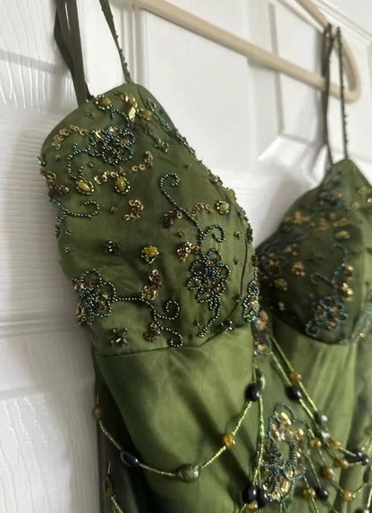 Vintage Dark Green Beaded Strap Chiffon Mermaid Slit Prom Dress P3381