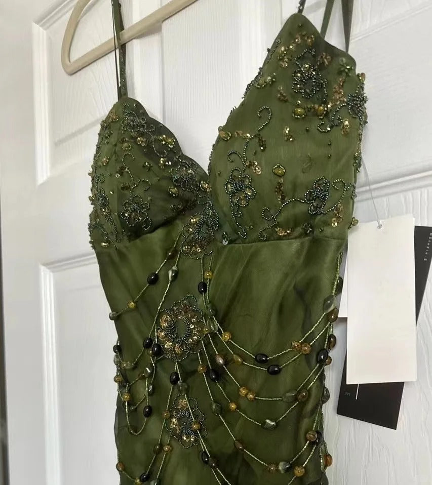Vintage Dark Green Beaded Strap Chiffon Mermaid Slit Prom Dress P3381
