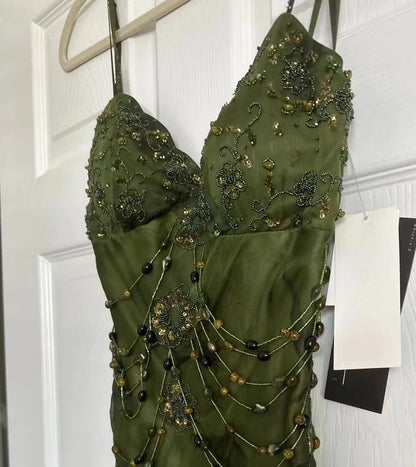 Vintage Dark Green Beaded Strap Chiffon Mermaid Slit Prom Dress P3381
