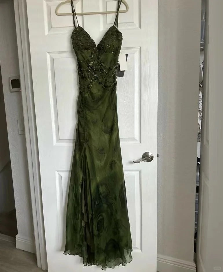 Vintage Dark Green Beaded Strap Chiffon Mermaid Slit Prom Dress P3381
