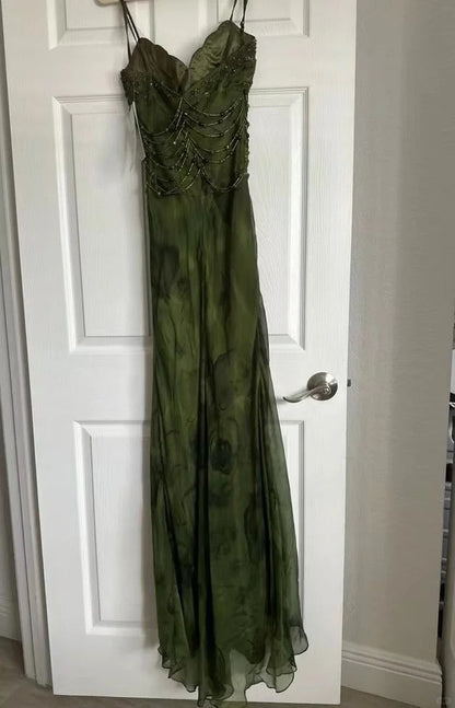 Vintage Dark Green Beaded Strap Chiffon Mermaid Slit Prom Dress P3381