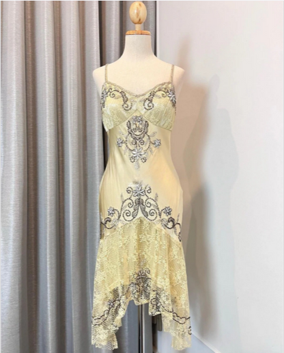 Vintage Yellow Strap Heavy Beaded Satin Lace Mermaid Prom Dress P3393