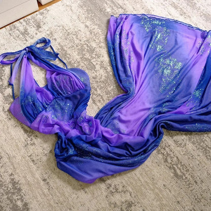 Sparkling Galaxy Chiffon Halter Neck Glitter Purple Prom Dress P3394