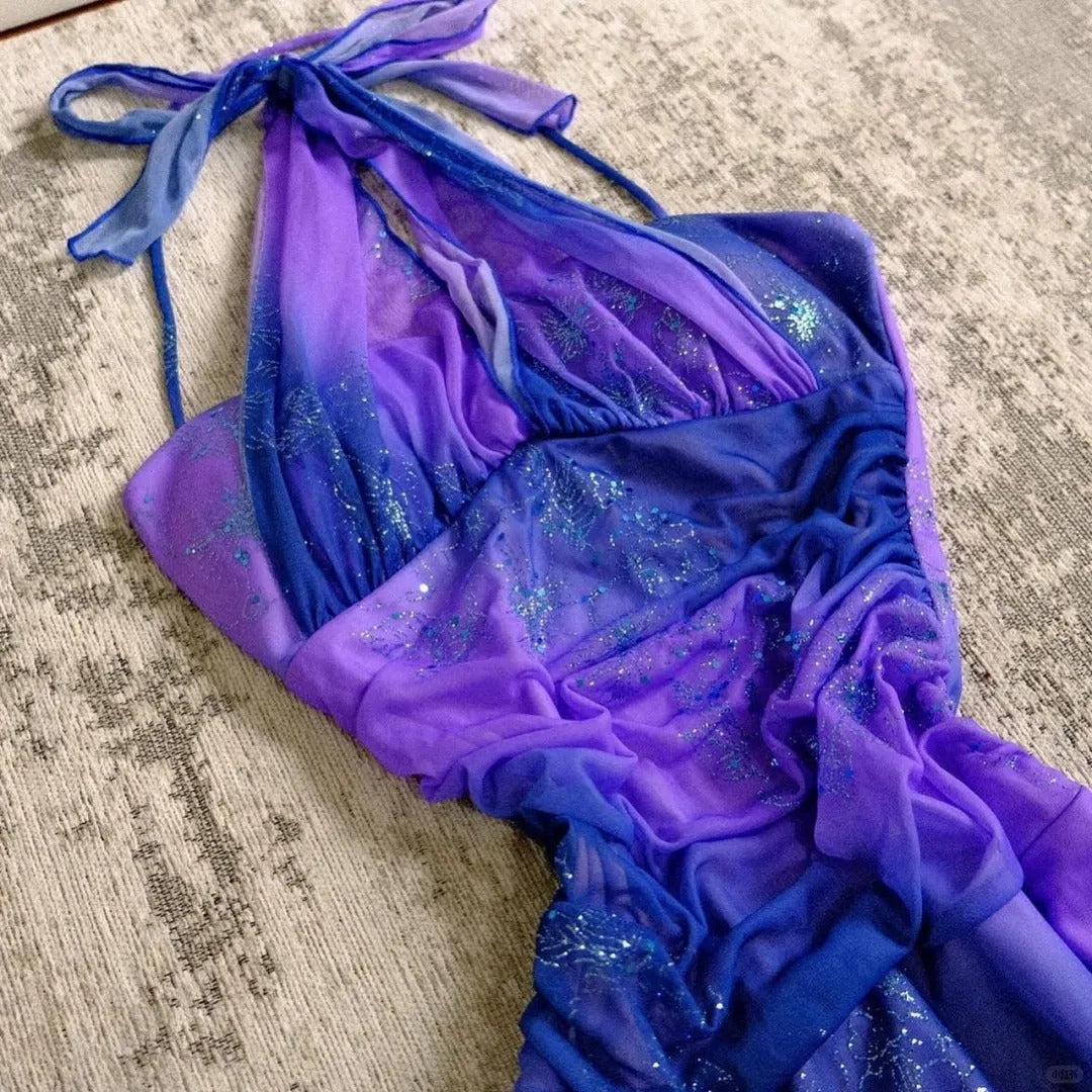 Sparkling Galaxy Chiffon Halter Neck Glitter Purple Prom Dress P3394