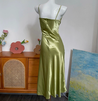 Simple V-neck Strap Satin Green Prom Dress P3401