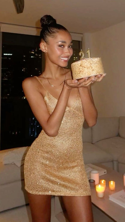 21st Birthday Strappy V Neck Gold Sequin Homecoming Dress P3876