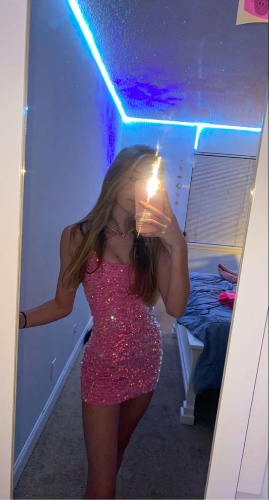 Shiny Pink Sequined Strapless Bodycon Homecoming Dress P3930