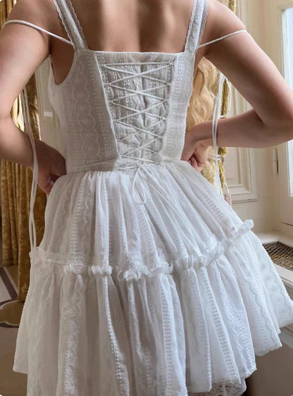 Vintage White Lace Spaghetti Strap A-Line Short Tiered Party Dress Cocktail Dress Homecoming Dress TP4473