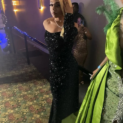 Sexy Mermaid Black Girl Sequin Prom Dresses 22th Birthday Outfits With Sleeves P428