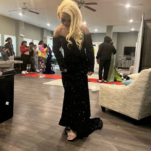 Sexy Mermaid Black Girl Sequin Prom Dresses 22th Birthday Outfits With Sleeves P428