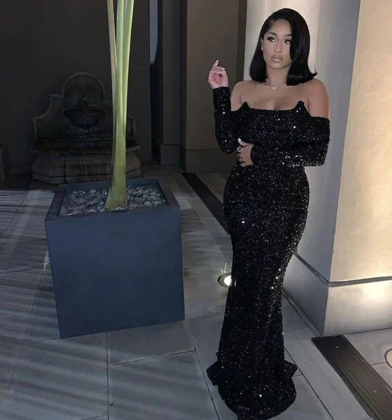 Sexy Mermaid Black Girl Sequin Prom Dresses 22th Birthday Outfits With Sleeves P428
